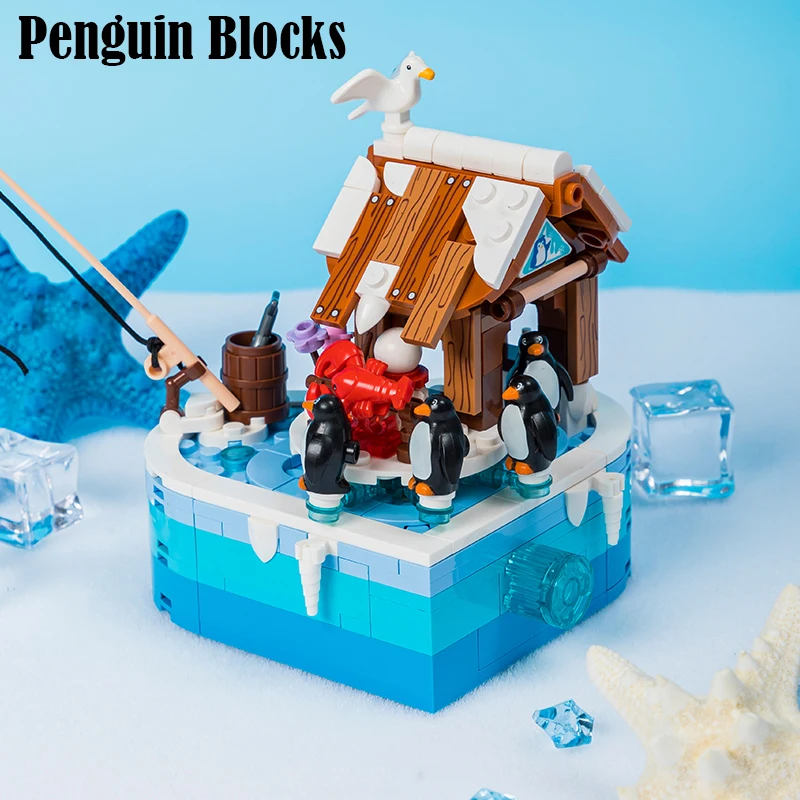 

MOC City Animals Penguin Building Blocks Street View House Farm Sea Mew Accessories Lobster DIY Zoo Bricks Rotate Toys Kids Gift
