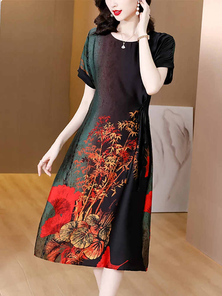 

2023Floral Silk Short Sleeve O-Neck Midi Dress Women Kroean Vintage Elegant Casual Dress Summer Fashion Luxury Festival Vestidos
