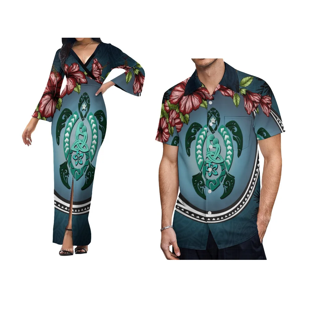Hawaiian Islands Custom Couple Set Women'S Tight Skirt Men'S Shirt Polynesian Art Print Temperament V-Neck Slit