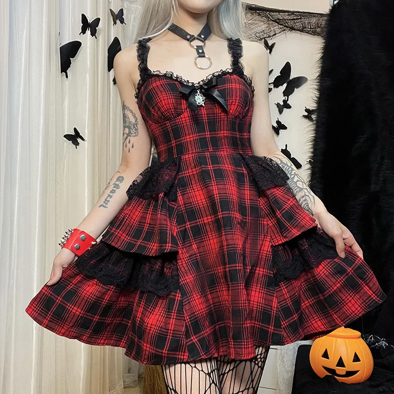 Sexy Gothic Jurk Zomer Vrouwen Halloween Diablo Rode En Zwarte Plaid Strap Lace Bloesem Jurk