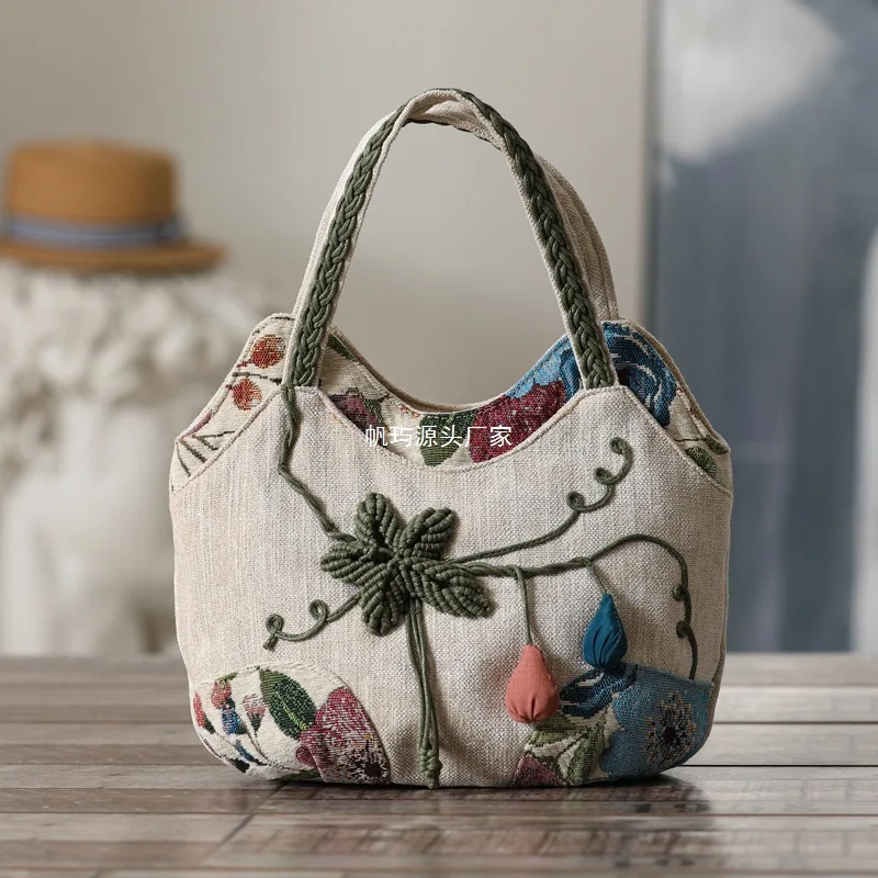 Фото Хлопковая большая сумка Artisan с этническим узором и застежкой-молнией с несколькими карманами, экологически чистая женская сумка в стиле бохо №3