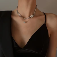 hip hop punk double layer letter square tag imitation pearl titanium steel necklace for women metal necklace party jewelry