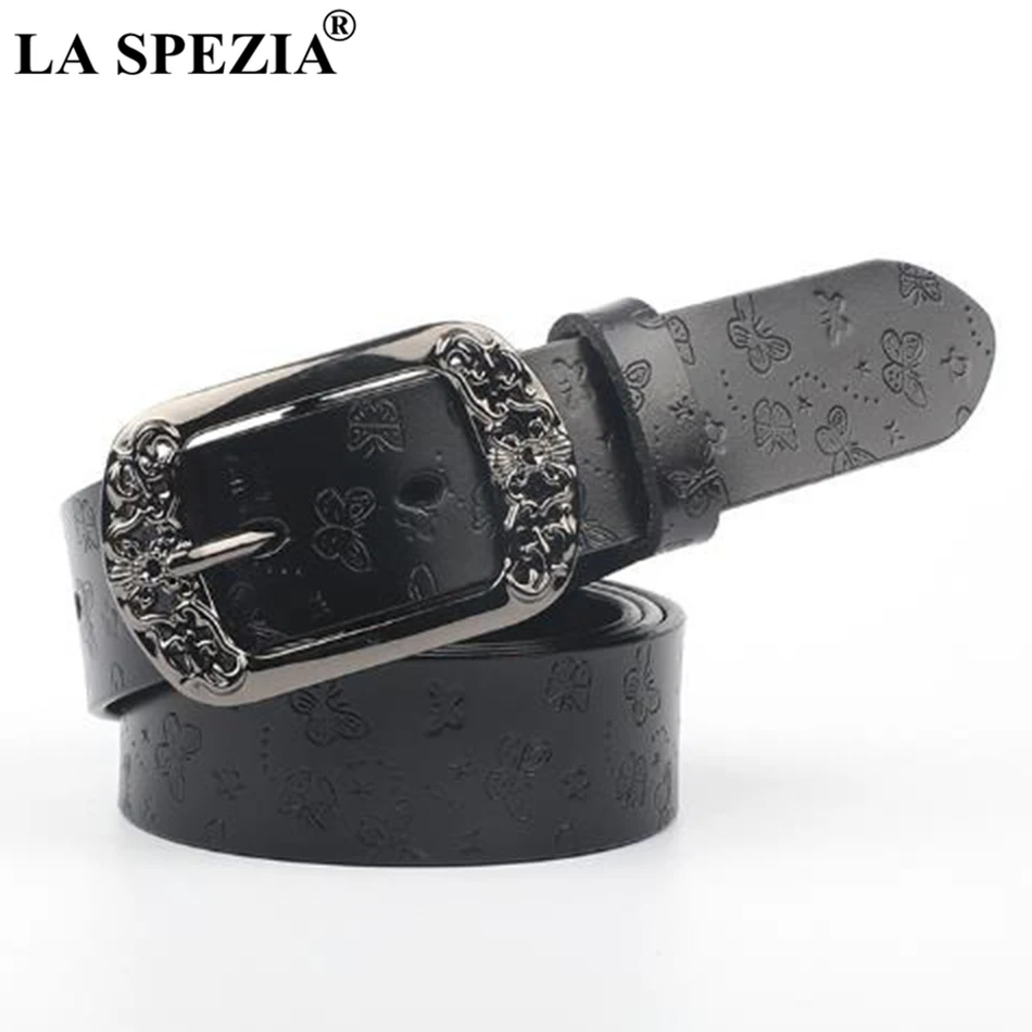 LA SPEZIA Black Belt for Jeans Women Real Leather Pin Belts Female Vintage Cow Genuine Leather Embossed Korean Waist Belt 110cm