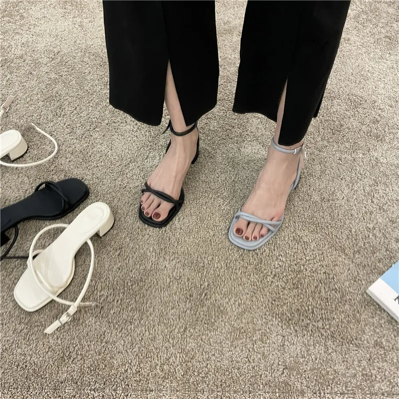 

2022 Summer New Narrow Band Women Sandal Shoes Fashion Thick Heel Ladies Elegant Open Toe Sandalias Ankle Strap Dress Pumps