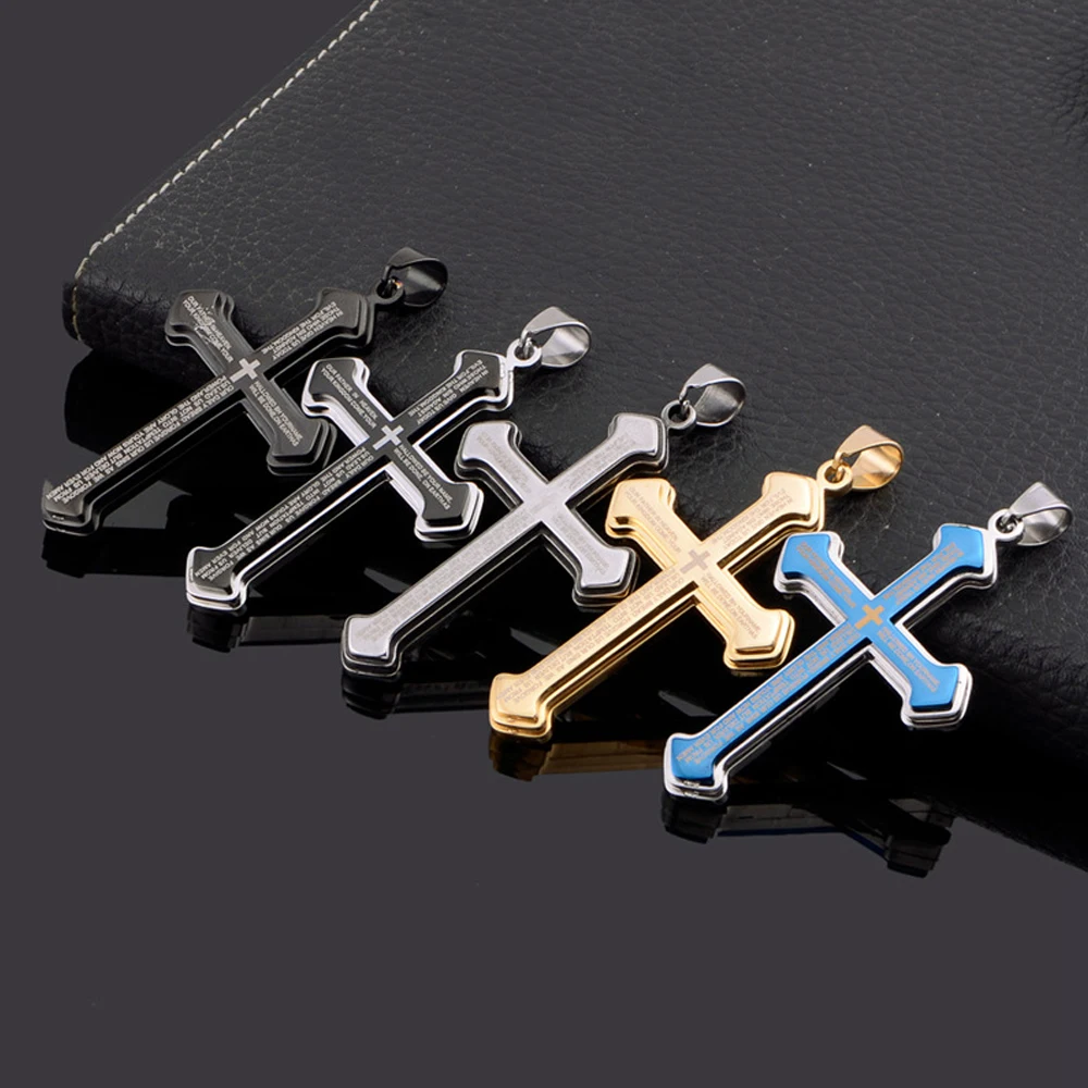 Vintage Christian Bible Text Stainless Steel Cross Necklace Pendant Men Women Punk Bike Cross Chain Necklace Jewelry Wholesale