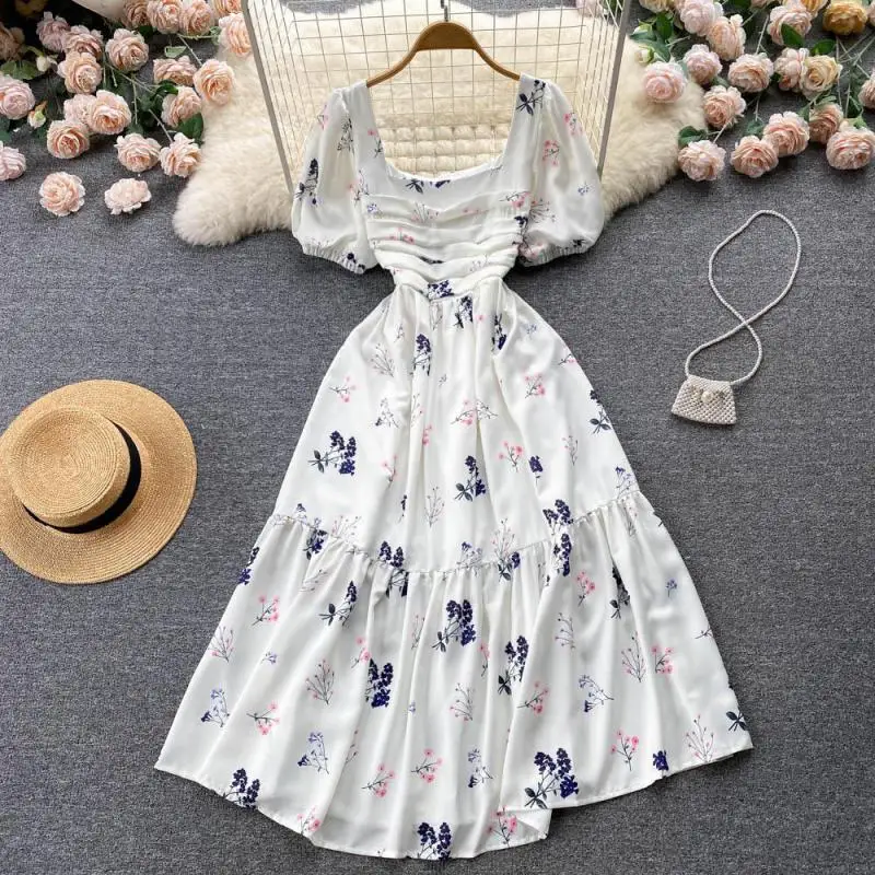 

WEIHAOBANG 2022 Summer Women's New Printed Square Neck Short Sleeve Floral Loose Dress Casual Medium Long A-line Skirt