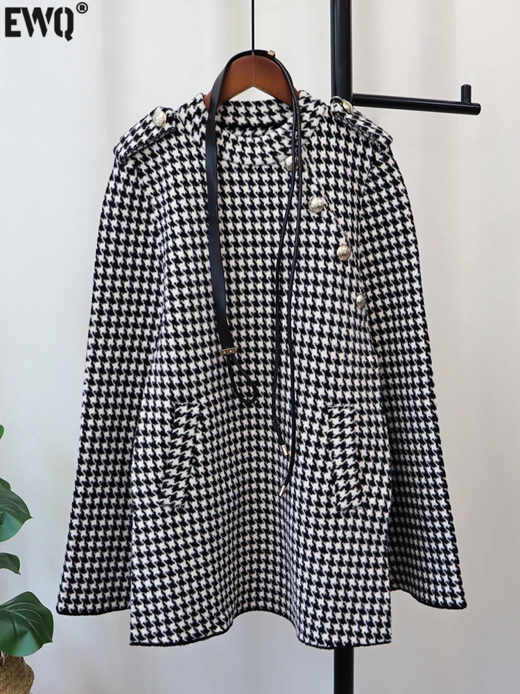 

[EWQ] Plaid Contrast With Belt Woolen Coat Women Chic Button Split Sleeve Fashion Cape Overgarment 2023 Autumn Winter New 6U4912