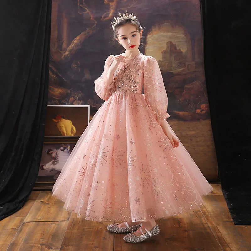 Girls show dress Pink princess dress Heavy industry lace long pompous gauze children show host performance dress enlarge