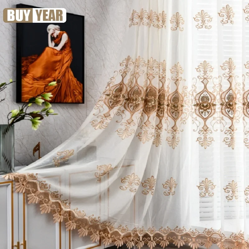 

European Style Embroidery Water Soluble Thickening Polyester Linen High Shading Curtains for Living Dining Room Bedroom