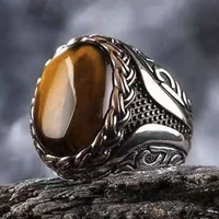 vintage oval tiger eye brown male ring inlaid geometric mens finger ring for party fashion jewelry