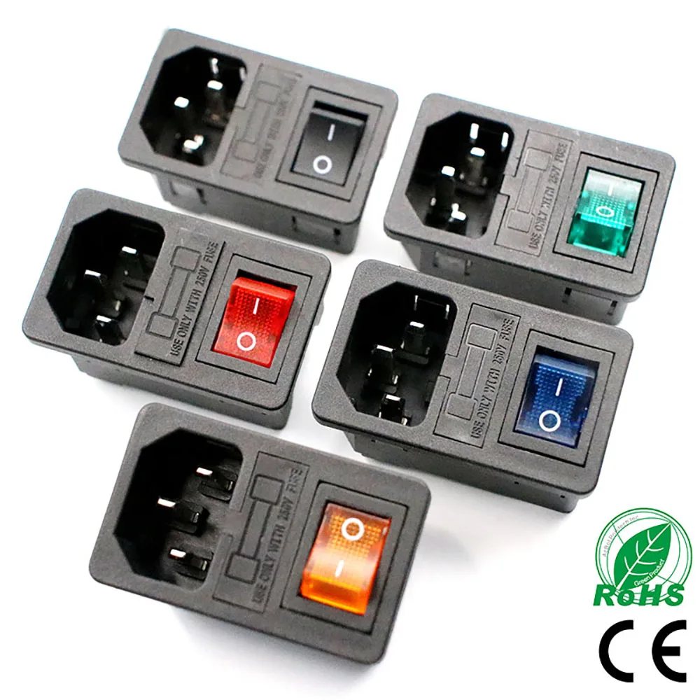 

With 10A Fuse! Red Rocker Switch Fused IEC320 C14 Inlet Power Socket Fuse Switch Connector Plug Connector Red Green Blue Black