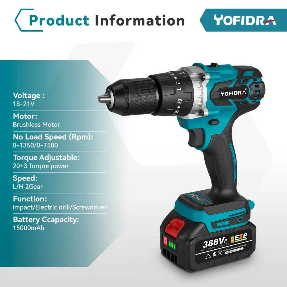 Бесщеточная электрическая дрель Yofidra 480N.m 13 мм