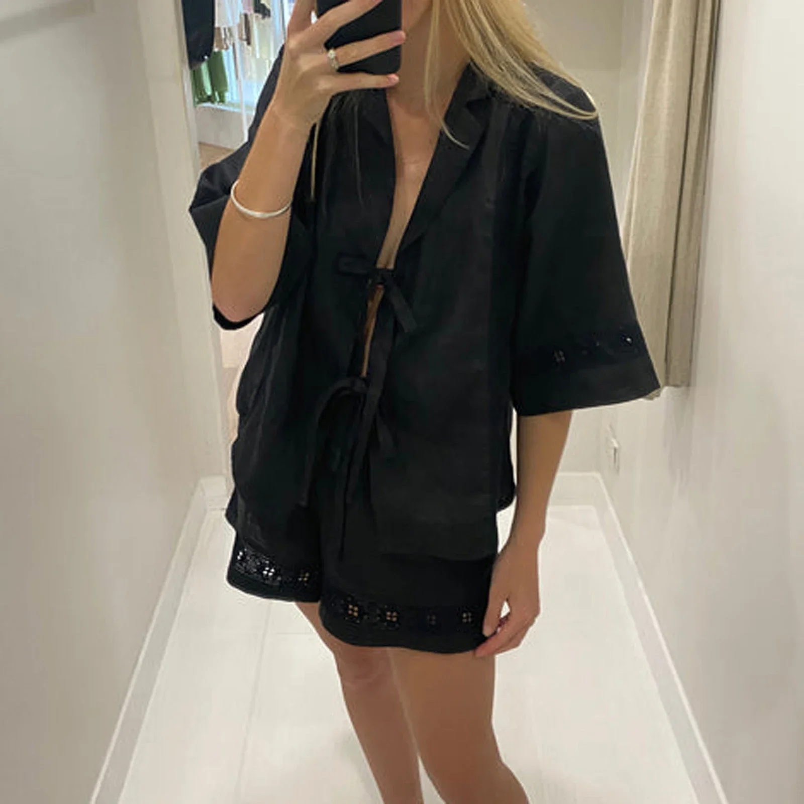 Женская повседневная рубашка из двух предметов с рукавами 3/4 завязанным узлом