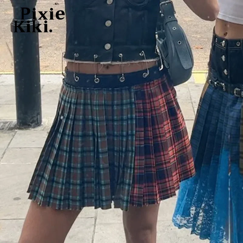 

PixieKiki Лоскутные клетчатые плиссированные юбки для женщин в стиле панк уличный стиль Y2k модная зимняя мини-юбка женская юбка