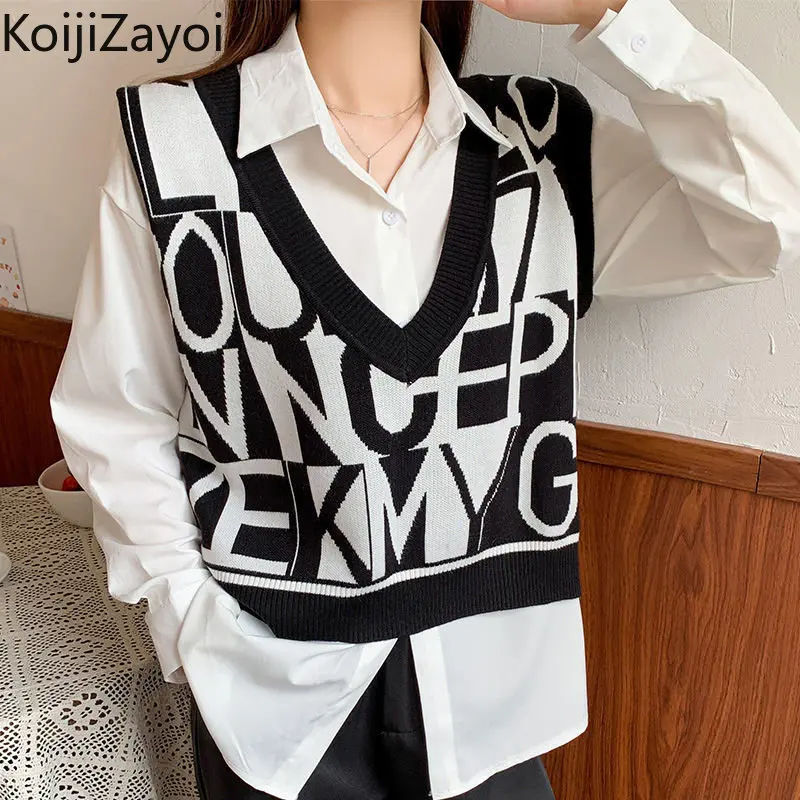 

Koijizayoi Knitted Women Letters Sweater Vest Lady V Neck Sleeveless Camisole Chic Korean Fashion Tops Spring Fall Winter Tank
