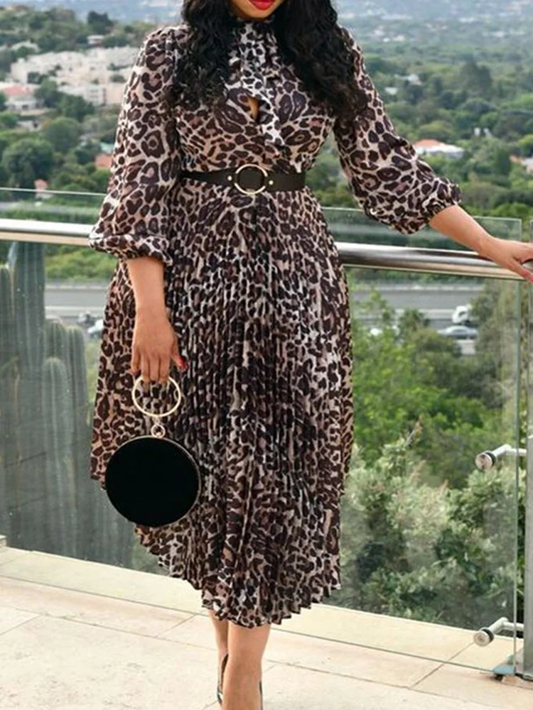

Women Leopard Printed Dress Pleated Long Sleeves with Bowtie Collar Elegant Office Ladies Classy Brown Robes Gows Large Size New