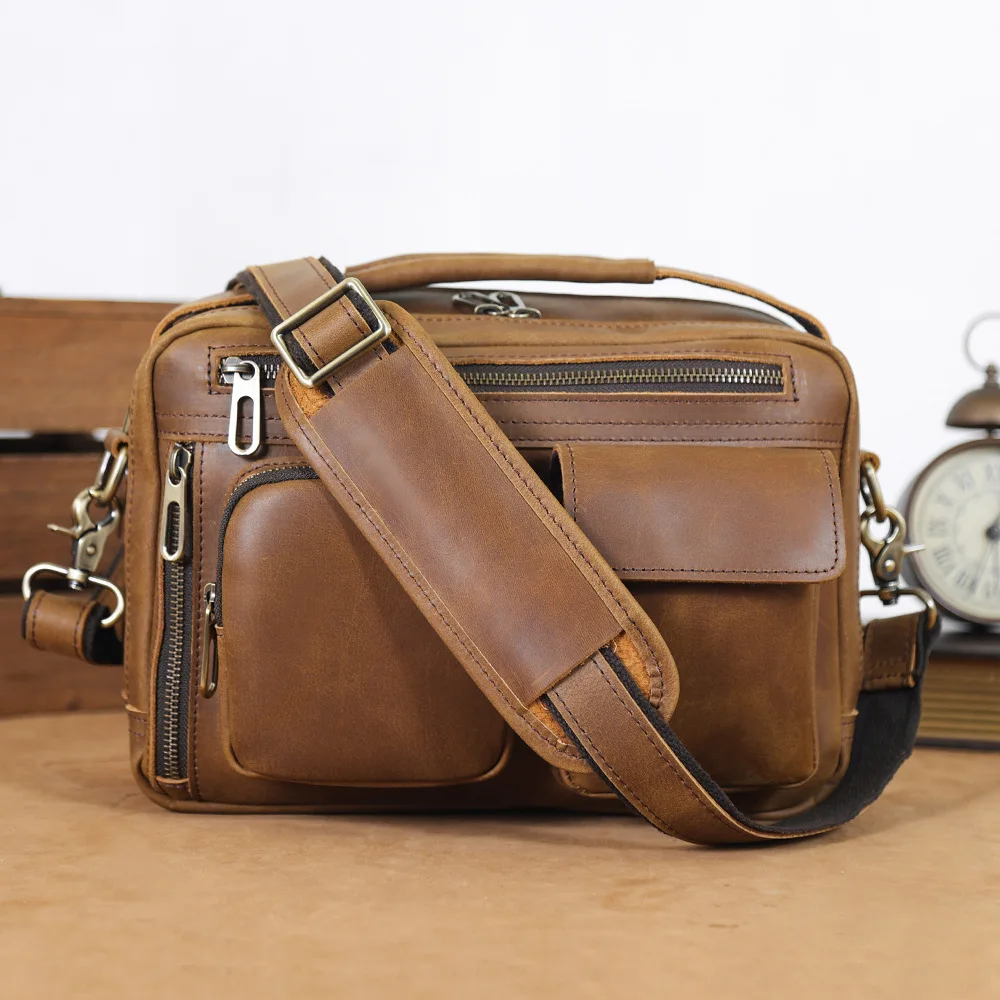 Top Layer Cowhide Crazy Horse Leather 9.7 "iPad Leather Shoulder Bag Crossbody Handbag For Men Male Messenger Bag