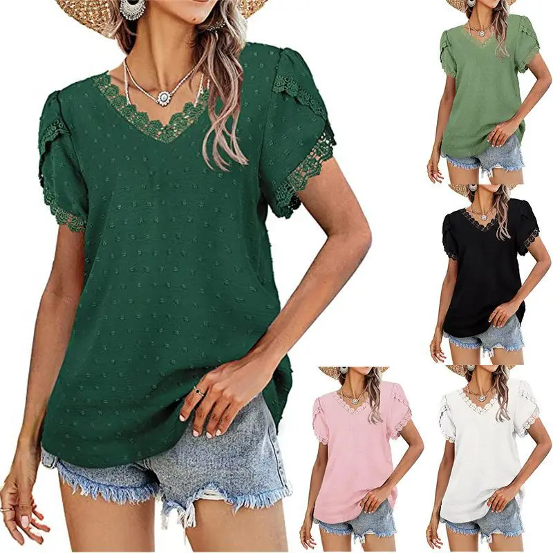 

2022 New Women's V-Neck T-Shirt Summer Lace Petal Sleeve Swiss Dot Shirt
