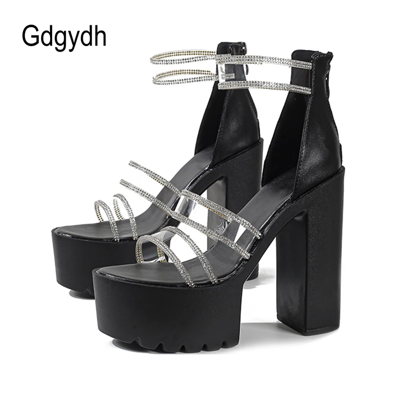 Gdgydh Women's Transparent Peep Toe Sandals Platform Block Heeled Ankle Strap Back Zipper Fashion Crystal Party Shoes