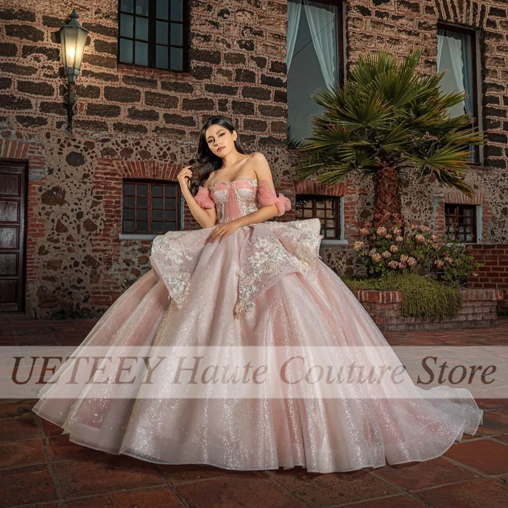

Luxury Ruffles Pink Quinceanera Dress Appliques Off The Shoulder Ball Gown Tulle Charro Mexican Dress Vestidos De 15 Quinceañera