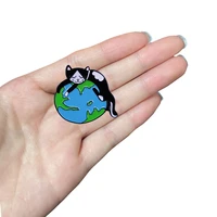 d0288 cat sleeping on earth enamel brooches cute cartoon animals badges kitten pins jacket denim lapel jewelry gifts