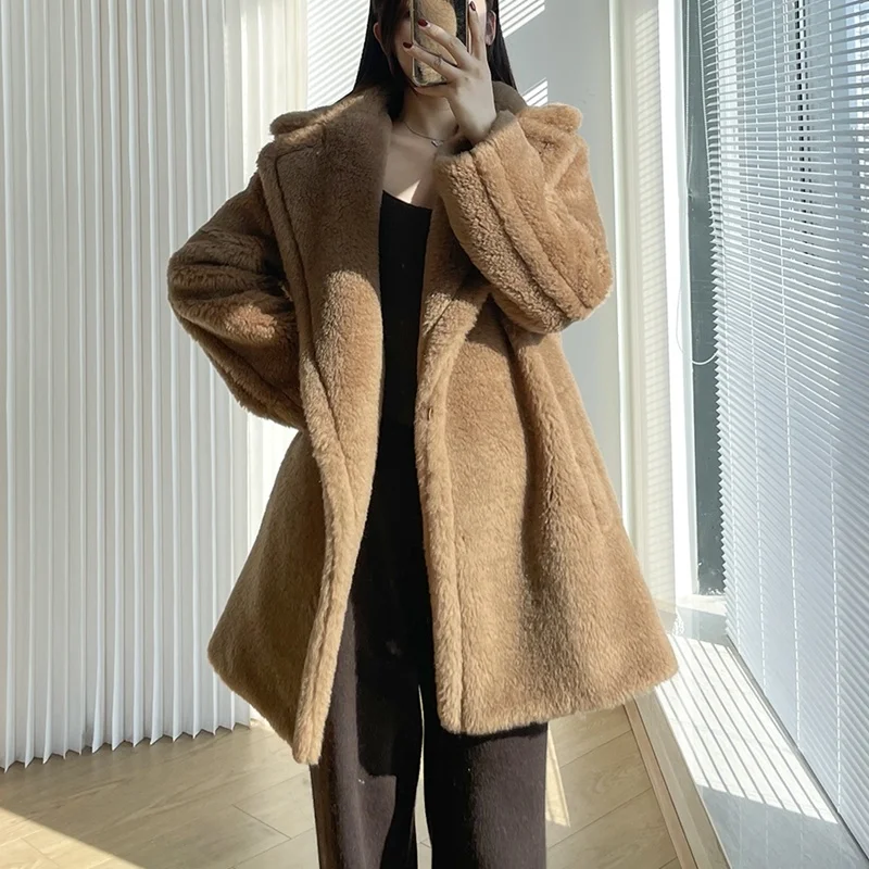 

2023 Women 100% Alpaca Wool Coats Long Overcoat Winter Loose Cashmere Outerwear Thick And Warm H1116