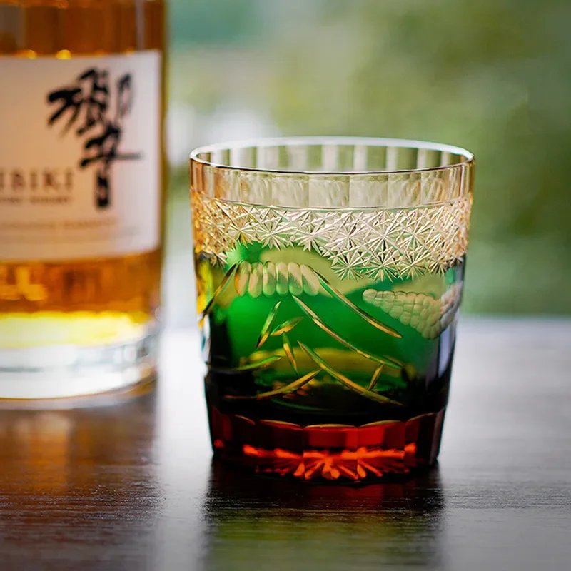 

250ml Green Mount Fuji EDO Glass Brandy Snifter Japanese Kiriko Crystal Wineglass Hand Carved Spirits Cognac Cup Whisky Tumbler