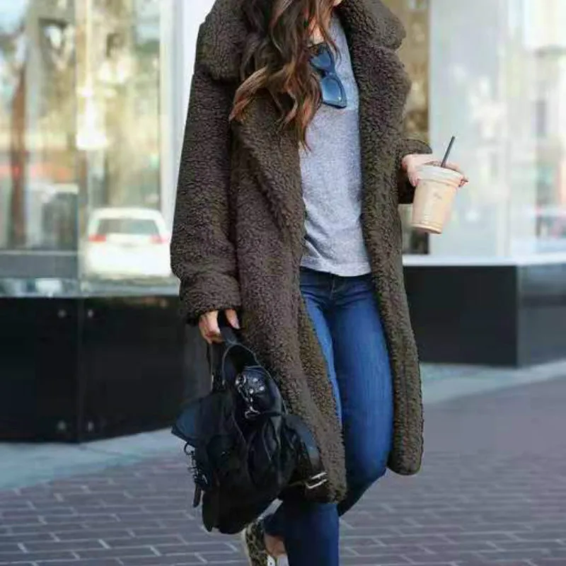 Winter Faux Fur Coat Ladies Solid Color Night Vision Collar Plush Thick Warm Wide Waist Long Teddy Jacket Casual Style Jacket