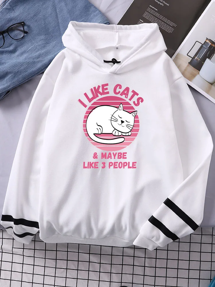 

I Like Cats Maybe Like 3 People Cute Cat Sleeping Women Splicing Long Sleeves Fashion Pocket Hoodie Casual O-Neck Female Clothes