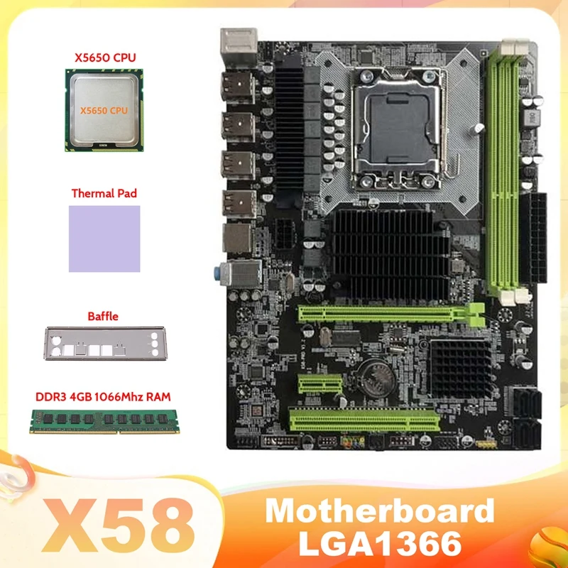 X58 Motherboard LGA1366 Computer Motherboard Support RX Graphics Card With X5650 CPU+DDR3 4GB 1066Mhz RAM+Thermal Pad