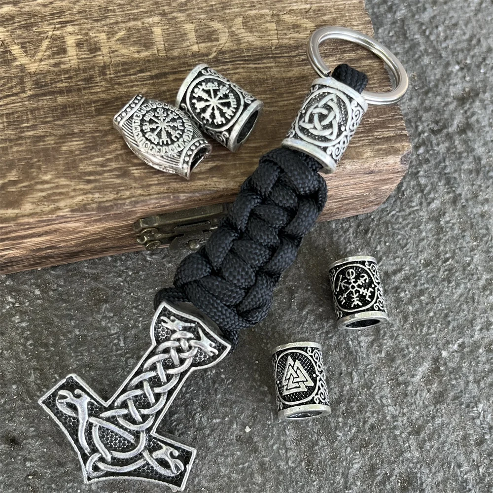 

1Pcs Thor Hammer Mjolnir Knot Dragon Viking Key Ring Black Paracord DIY Runic Bead Handmade Keychain