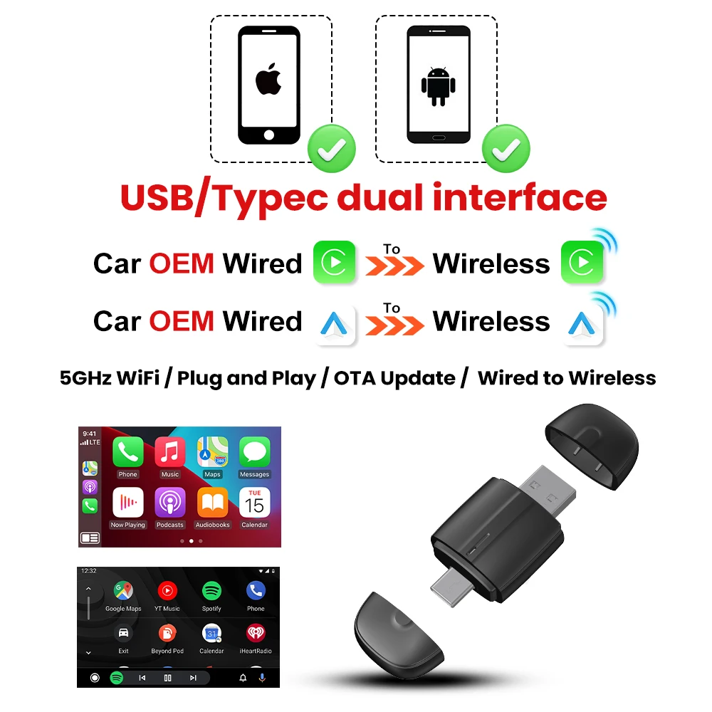 

Беспроводной Android-адаптер CarPlay USB Type-C WIFI 2 в 1 для Jeep Compass Grand Cherokee Renegade Wrangler Cherokee