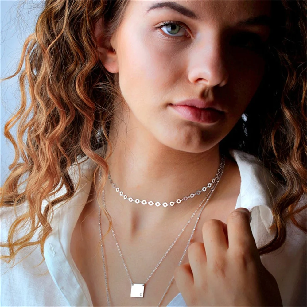 Women's Sterling Silver Name Necklace Square Plate Pendant Stainless Steel Personalized Necklace With Custom Engraved Gift