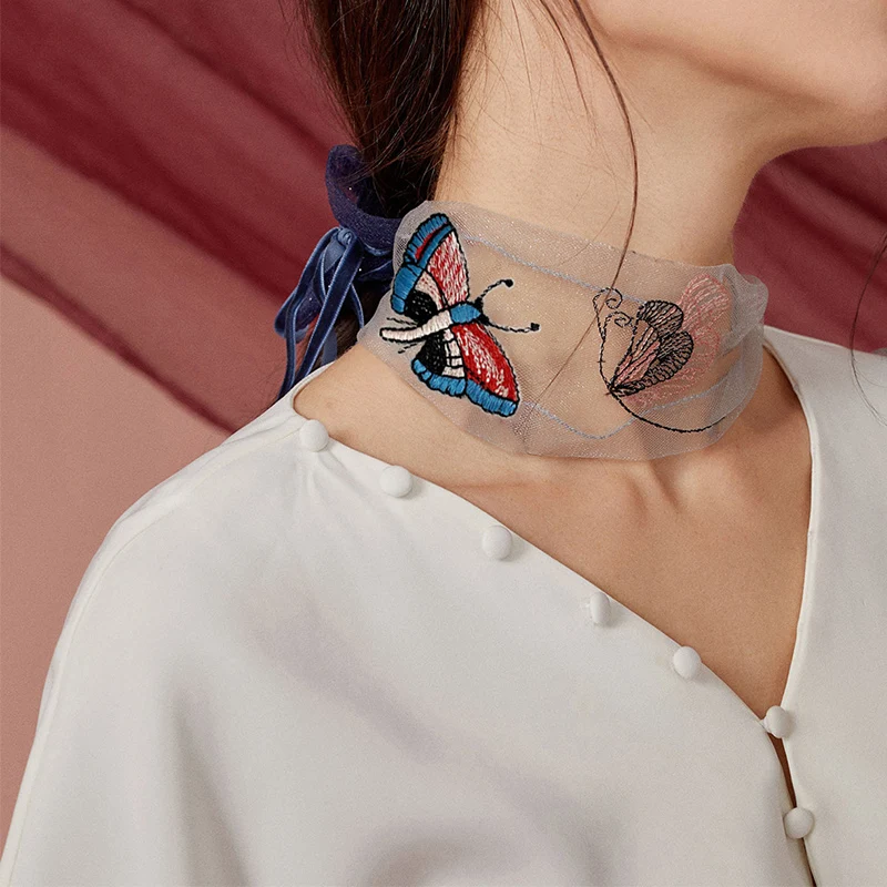 

Женский узкий длинный шелковый шарф с вышивкой бабочки, летняя перфорированная дышащая повязка на голову, защита шеи, Солнцезащитная шаль