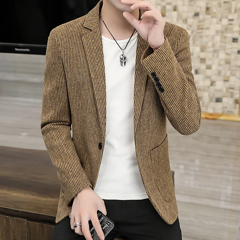 

HOO 2023 Men's Autumn New Striped blazer Youth Casual Corduroy Cool and Wild blazer