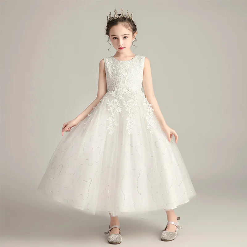 

Summer Girls' princess New Long Wedding Dress Children's Fluffy Performance Medium Size Children's Flower Girls Birthday Dress
