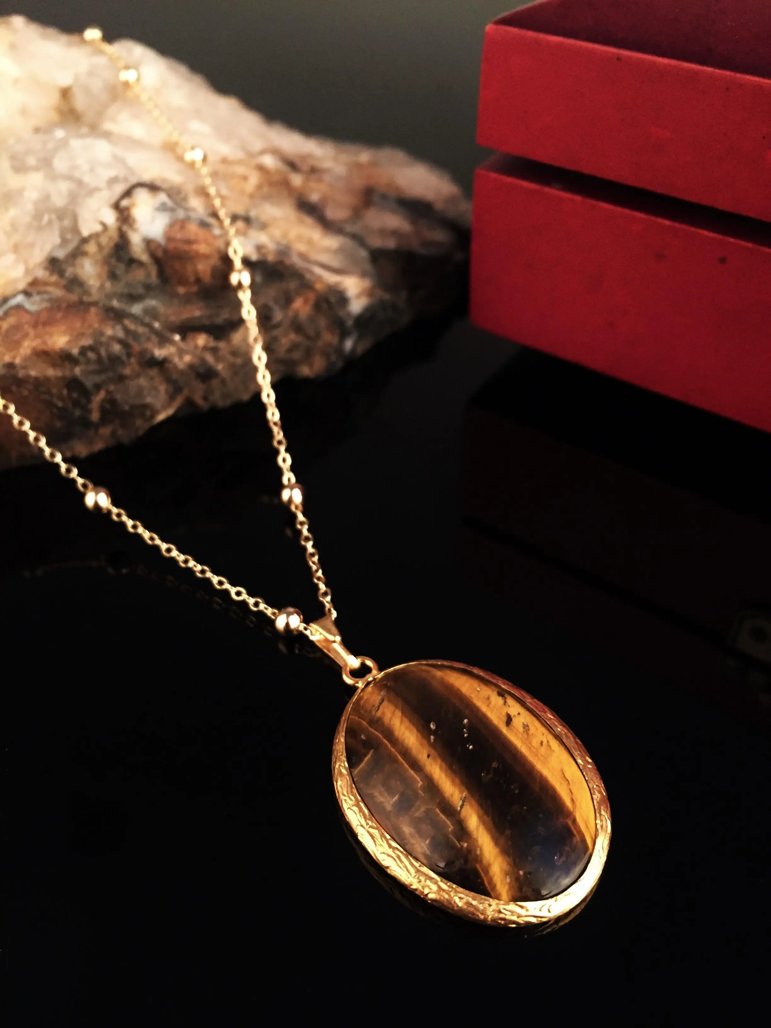 

Natural stone Women 'S Tiger 'S Eye Stone Gold Plated Necklace Xkrb57