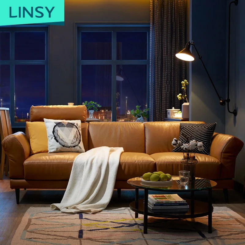 

Linsy European Italian Real Leather Sitting Room Furniture Corner Sofa Hot Sales 3Seater Brown Black Leather Sofa Set RAM1K