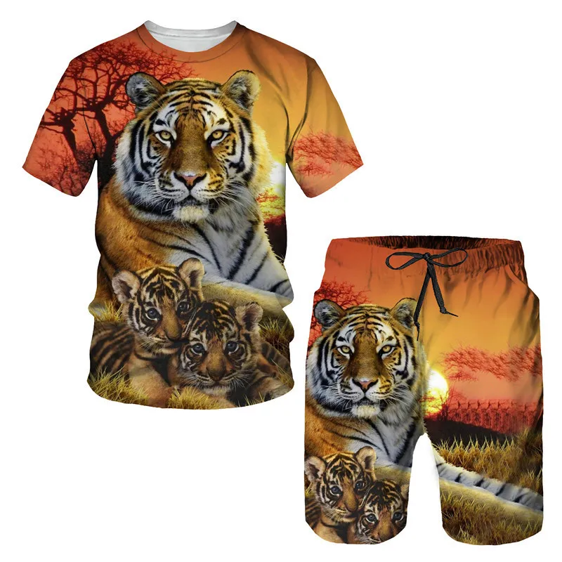 Funny Tiger Print T Shirt For Men Short Pants 2 Piece Sets Summer Hip Hop Trend Short Sleeve Tees 3D Animal Harajuku Sports Tops