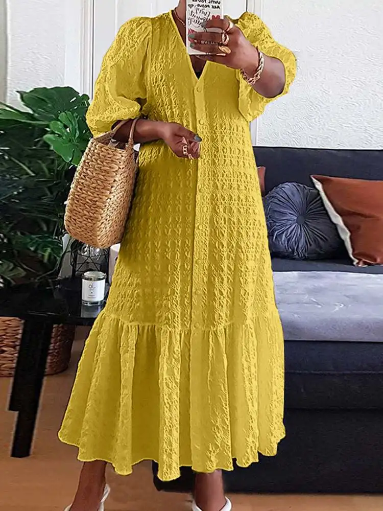 

VONDA Women Elegant Party Maxi Dress 2022 Fashion Vestido Casual Loose Solid Robe V Neck Puff Sleeve Beach Sundress Oversized