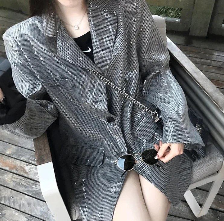 2022 New Design Sequin Suit Coat Women's Runway Party Elegant Luxury Loose Thousand Bird Grid Jacket Blazers High Quality |