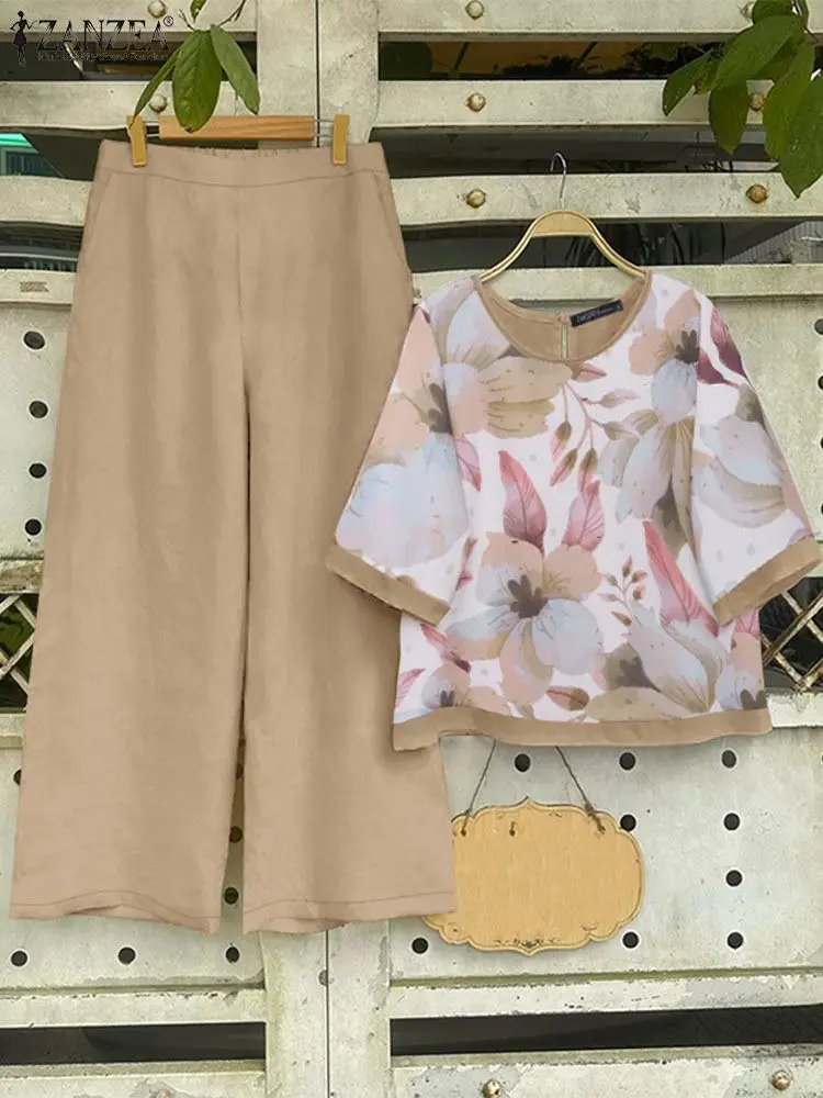 Женский брючный костюм ZANZEA из 2 предметов осенний спортивный блузка с рукавом 3/4