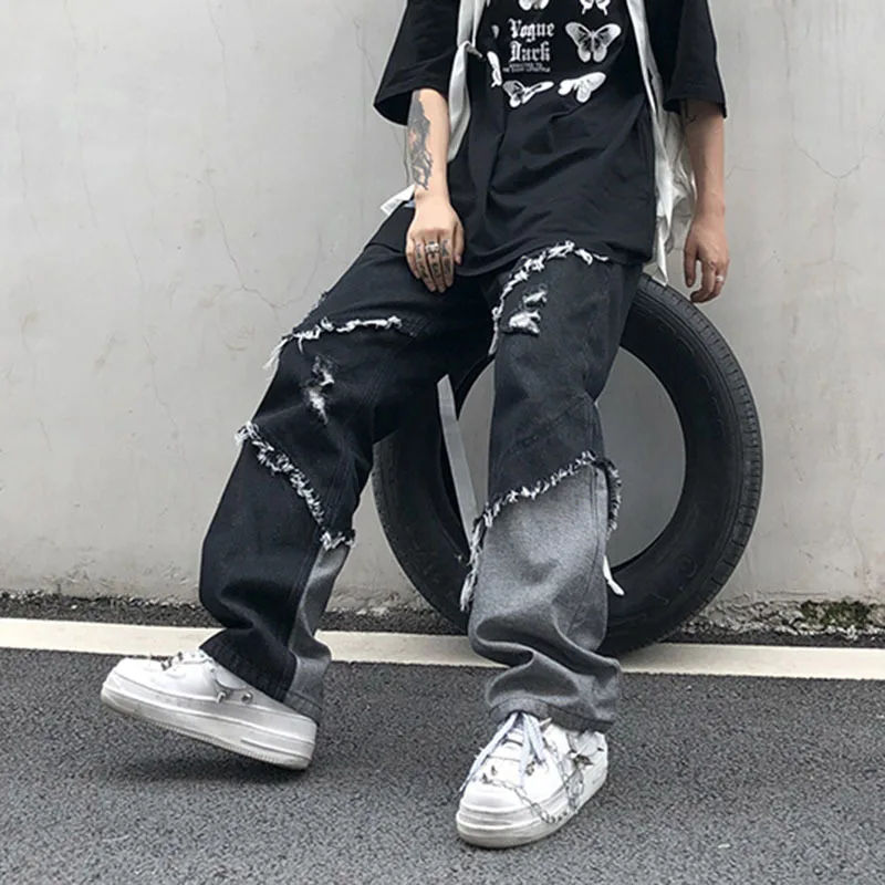 FEWQ Tassel Men's Y2k Jeans Stitching Color High Street Male Straight Denim Trousers Retro 2023 Summer Hip Hop New Pants 24B2493