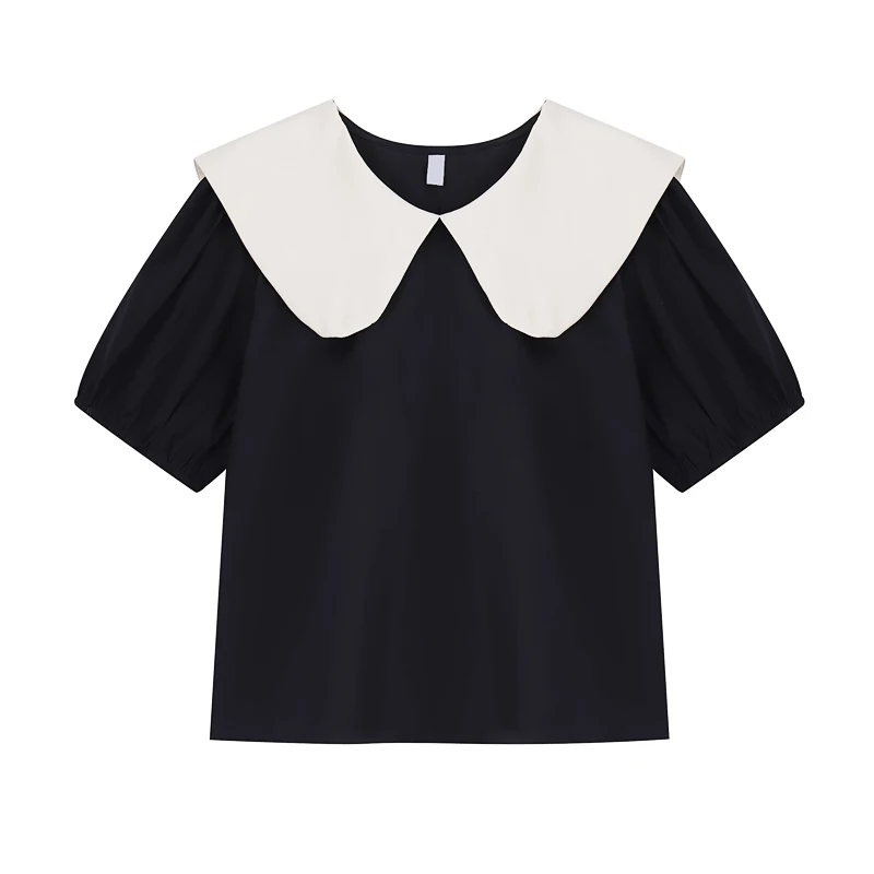 

Блузка женская с коротким рукавом, воротником «Питер Пэн» и бантом на спине