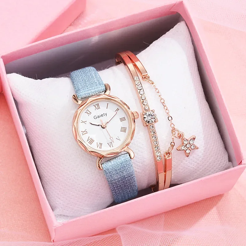 Brand 2pcs Set Casual Watch For Women Rhinestone Bracelet Watch Leather Ladies Wrist Clock Simple Dress Gfit Montre Femme