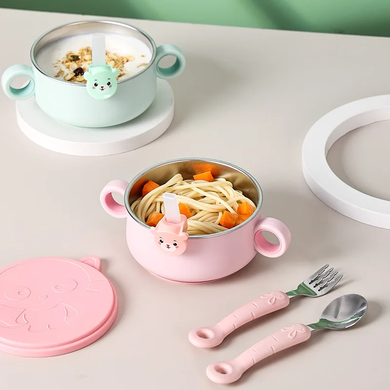 

Baby eating auxiliary food bowl baby fall proof 316 stainless steel suction cup bowl children tableware set grinding bowl straw