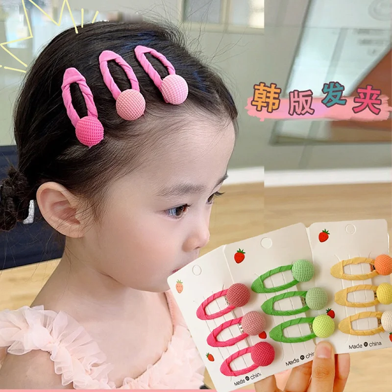 

3PCS Set Solid Color Hollow Out Ellipse Cloth Round Ball Button Hair Clips For Girl Kids Cute Simple Hairpin Fashion Accessories