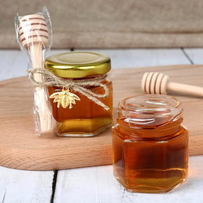 1.5 oz Hexagon Mini Glass Honey Jars With Wood Dipper Gold Lid Bee Pendants Jutes for Baby Shower Wedding Favors Party Favors images - 6