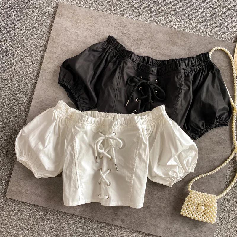 

Summer 2022 Girls Shirt French Square Neck Cropped Navel Kids Tops Black Off Shoulder Clothes for Teenagers Children Blouses 8 Y