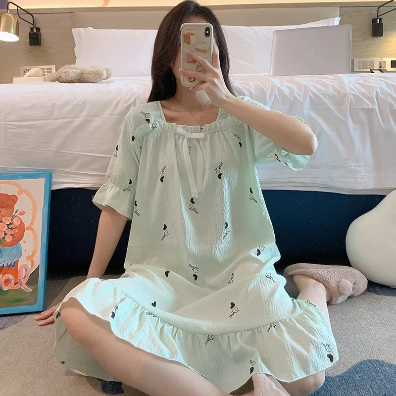 Женская ночная рубашка с квадратным вырезом и бантом летняя тонкая мягкая